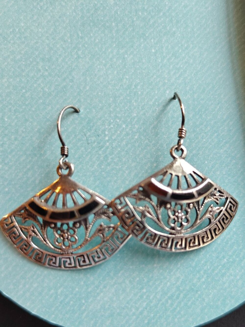 Vintage 925 Sterling Silver Greek Key Fan Filigree Drop Earrings